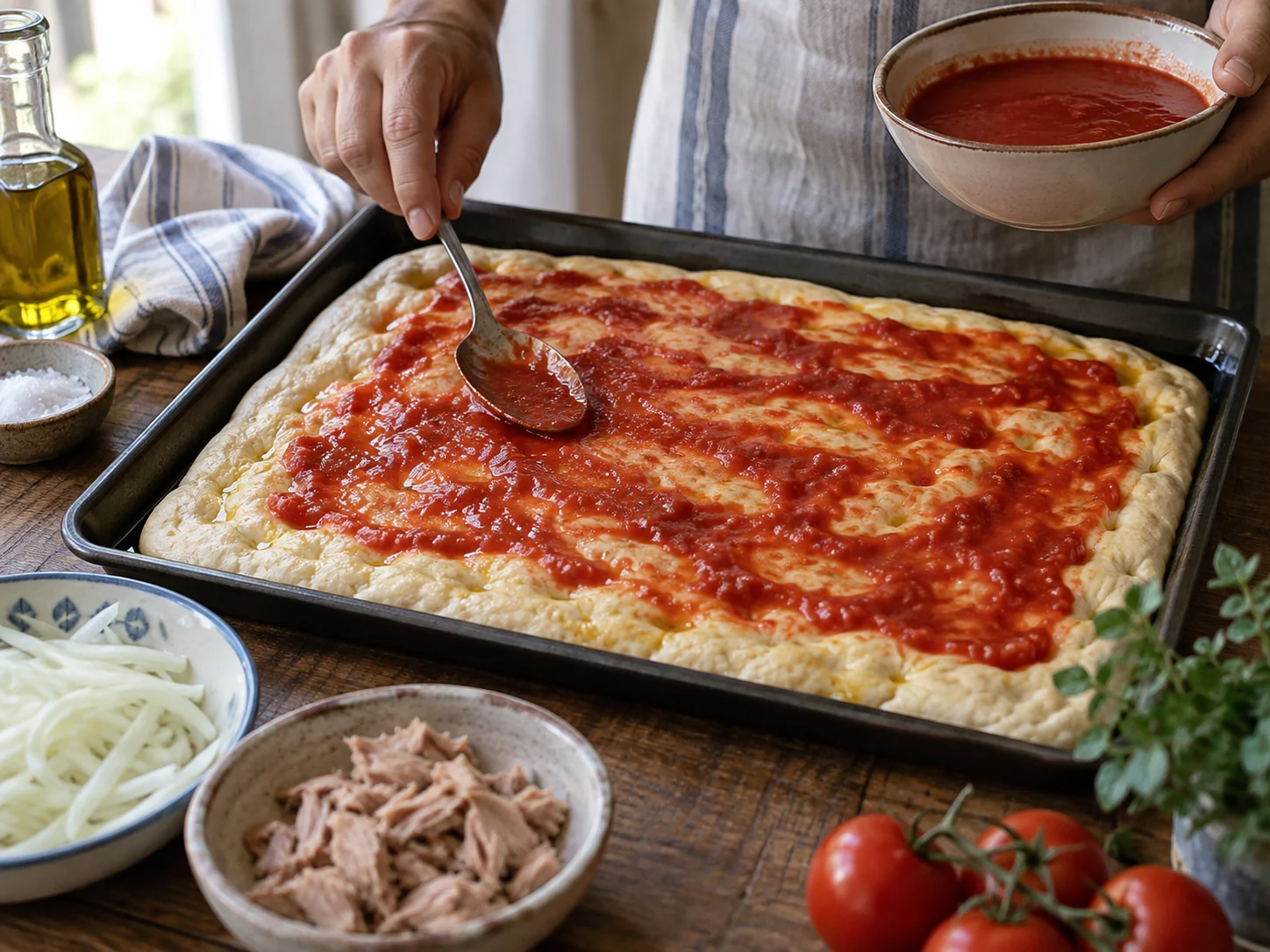 Скьяччата с начинкой: тунец и лук | Фото подпункта 9 | Viva Cucina Скьяччата с начинкой: тунец и лук: фото процесса приготовления — проверьте промежуточный вкус и состояние продукта перед переходом к финальной сборке