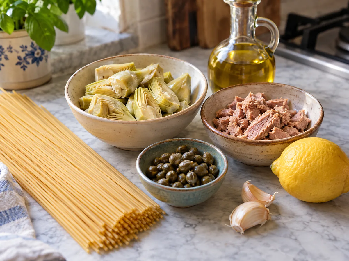 Спагетти с артишоками и соусом из тунца и каперсов | Фото подпункта 1 | Viva Cucina Спагетти с артишоками и соусом из тунца и каперсов: фото процесса приготовления — разложите спагетти, артишоки, тунец, каперсы, чеснок и лимон