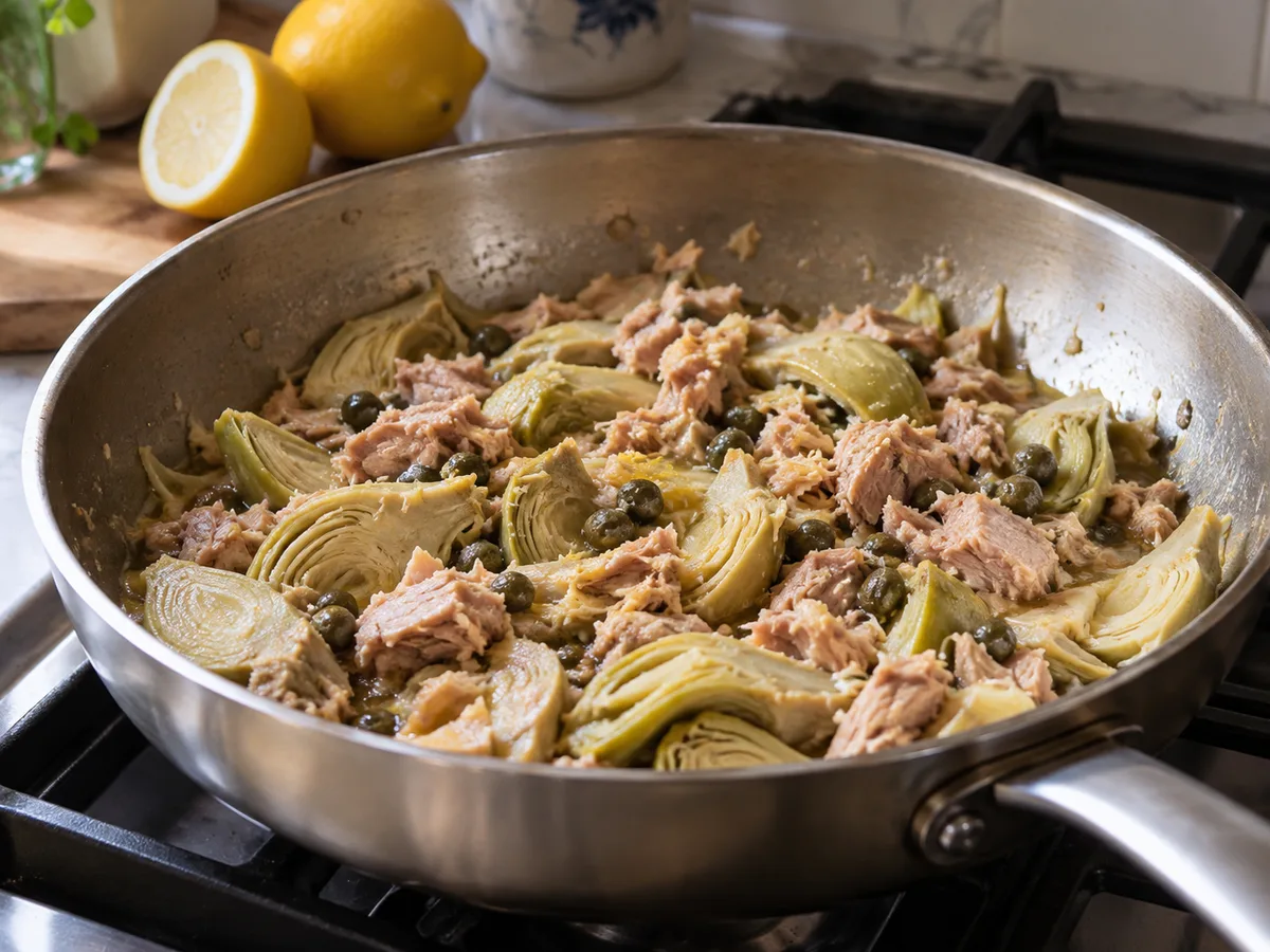 Спагетти с артишоками и соусом из тунца и каперсов | Фото подпункта 10 | Viva Cucina Спагетти с артишоками и соусом из тунца и каперсов: фото процесса приготовления — добавьте к артишокам крупные кусочки тунца