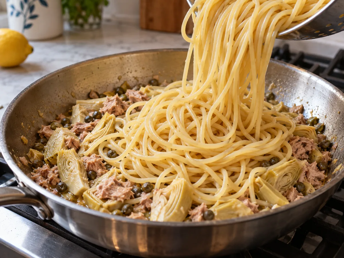 Спагетти с артишоками и соусом из тунца и каперсов | Фото подпункта 13 | Viva Cucina Спагетти с артишоками и соусом из тунца и каперсов: фото процесса приготовления — переложите спагетти в сковороду с соусом