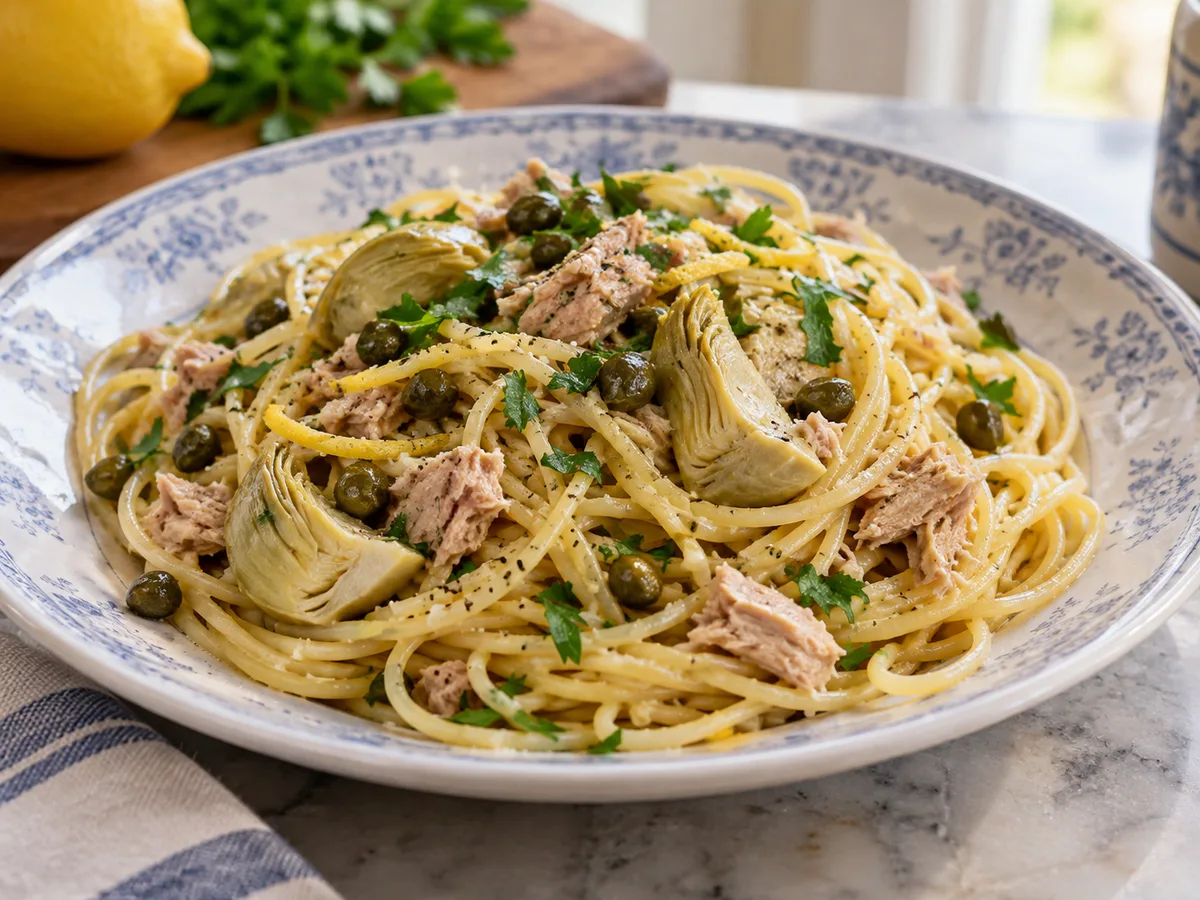 Спагетти с артишоками и соусом из тунца и каперсов | Фото подпункта 15 | Viva Cucina Спагетти с артишоками и соусом из тунца и каперсов: фото процесса приготовления — снимите с огня, добавьте лимонную цедру, сок и петрушку