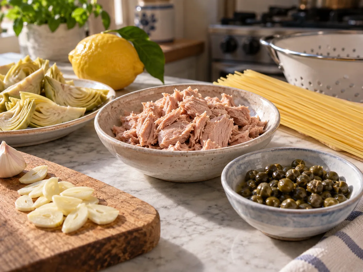 Спагетти с артишоками и соусом из тунца и каперсов | Фото подпункта 3 | Viva Cucina Спагетти с артишоками и соусом из тунца и каперсов: фото процесса приготовления — слейте жидкость с тунца, промойте солёные каперсы и нарежьте чеснок
