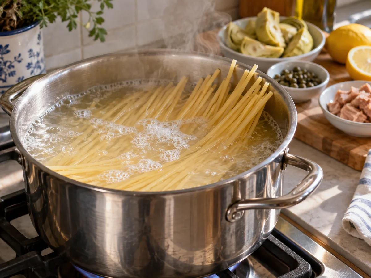 Спагетти с артишоками и соусом из тунца и каперсов | Фото подпункта 5 | Viva Cucina Спагетти с артишоками и соусом из тунца и каперсов: фото процесса приготовления — опустите спагетти и варите до al dente