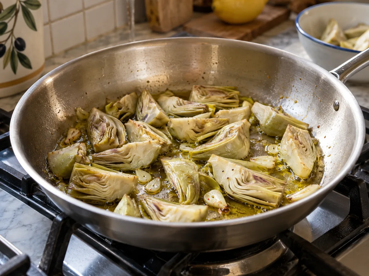 Спагетти с артишоками и соусом из тунца и каперсов | Фото подпункта 8 | Viva Cucina Спагетти с артишоками и соусом из тунца и каперсов: фото процесса приготовления — добавьте обсушенные дольки артишоков