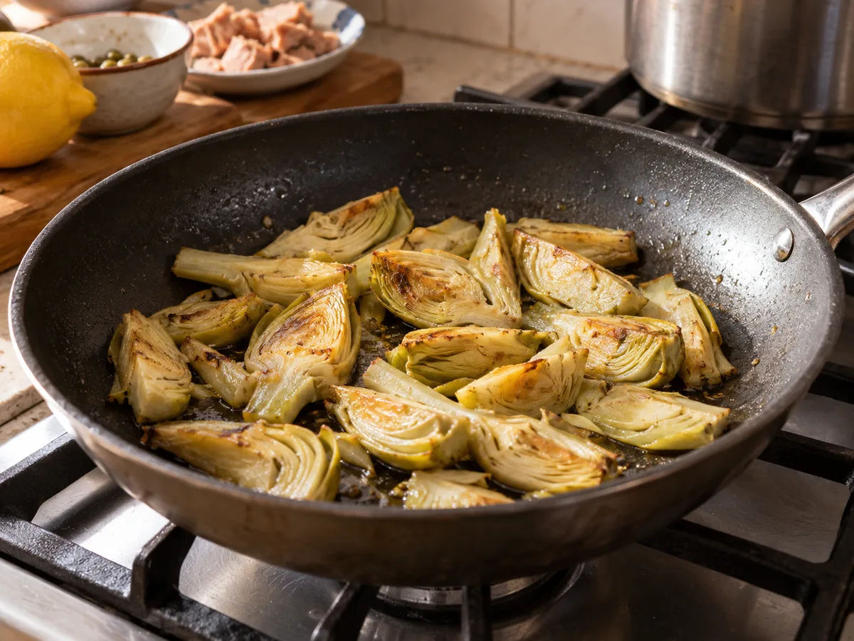 Спагетти с артишоками и соусом из тунца и каперсов | Фото подпункта 9 | Viva Cucina Спагетти с артишоками и соусом из тунца и каперсов: фото процесса приготовления — прогрейте артишоки 3–4 минуты до мягкости и лёгкого золотистого края