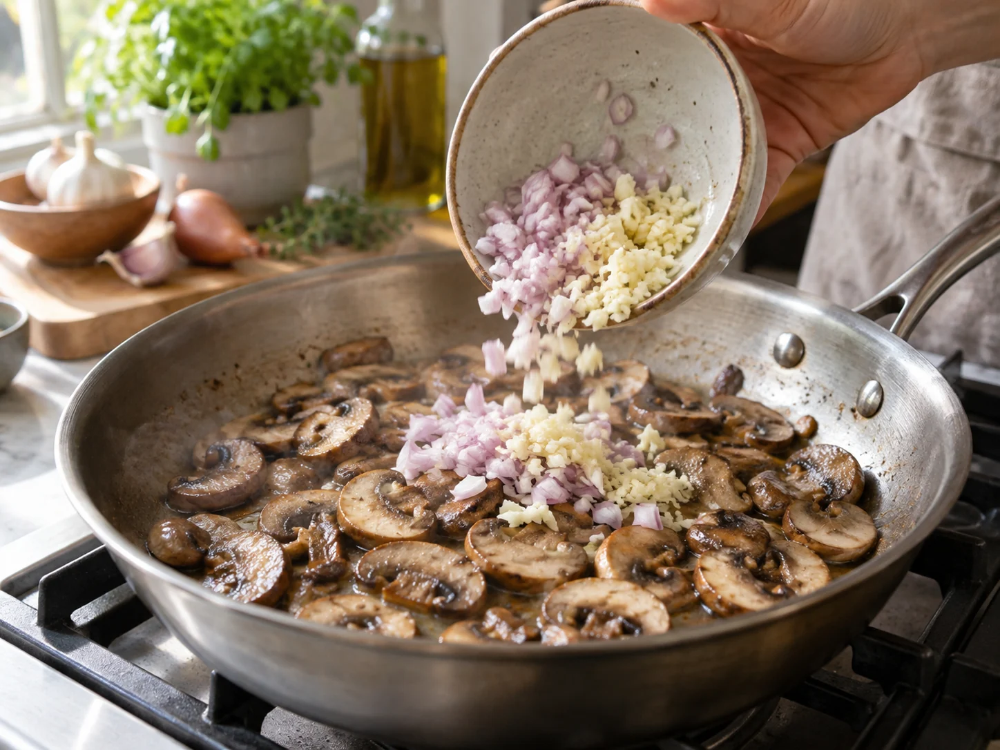 Спагетти с грибами и сливочно-грибным соусом: фото процесса приготовления — проверьте, что соус не слишком густой и не водянистый перед соединением с пастой