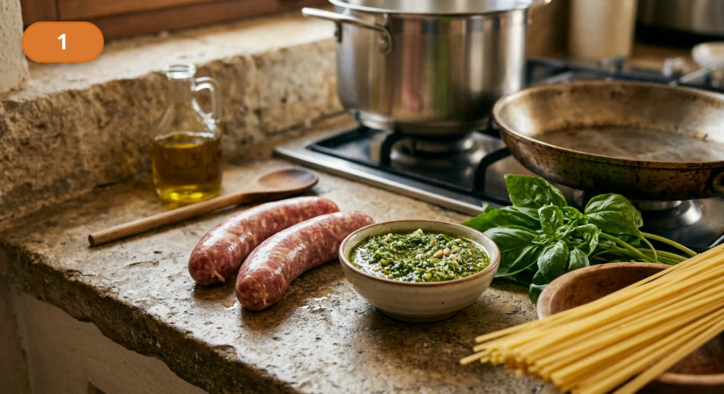 Спагетти с колбаской и песто | Фото подпункта 1 | Viva Cucina Спагетти с колбаской и песто: фото процесса приготовления — разложите спагетти, сальсиччу, песто, пармезан, базилик и оливковое масло рядом с кастрюлей и широкой сковородой