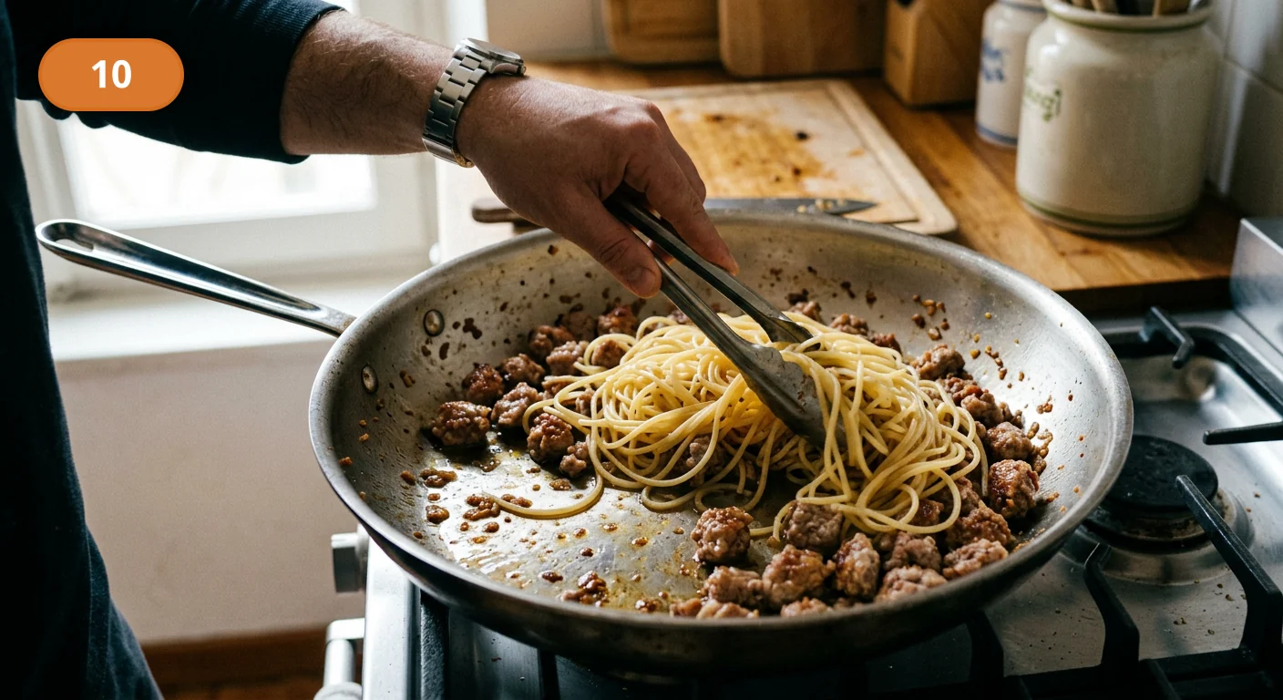 Спагетти с колбаской и песто | Фото подпункта 10 | Viva Cucina Спагетти с колбаской и песто: фото процесса приготовления — переложите спагетти al dente в сковороду с колбаской и ароматным жиром