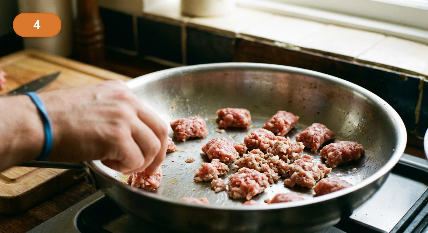 Спагетти с колбаской и песто | Фото подпункта 4 | Viva Cucina Спагетти с колбаской и песто: фото процесса приготовления — разогрейте широкую сковороду и выложите кусочки сальсиччи в один слой