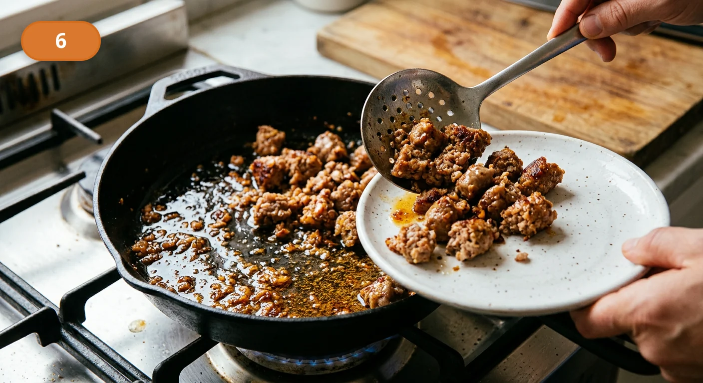 Спагетти с колбаской и песто | Фото подпункта 6 | Viva Cucina Спагетти с колбаской и песто: фото процесса приготовления — переложите часть колбаски на край сковороды или тарелку, оставив ароматный жир для финального соуса