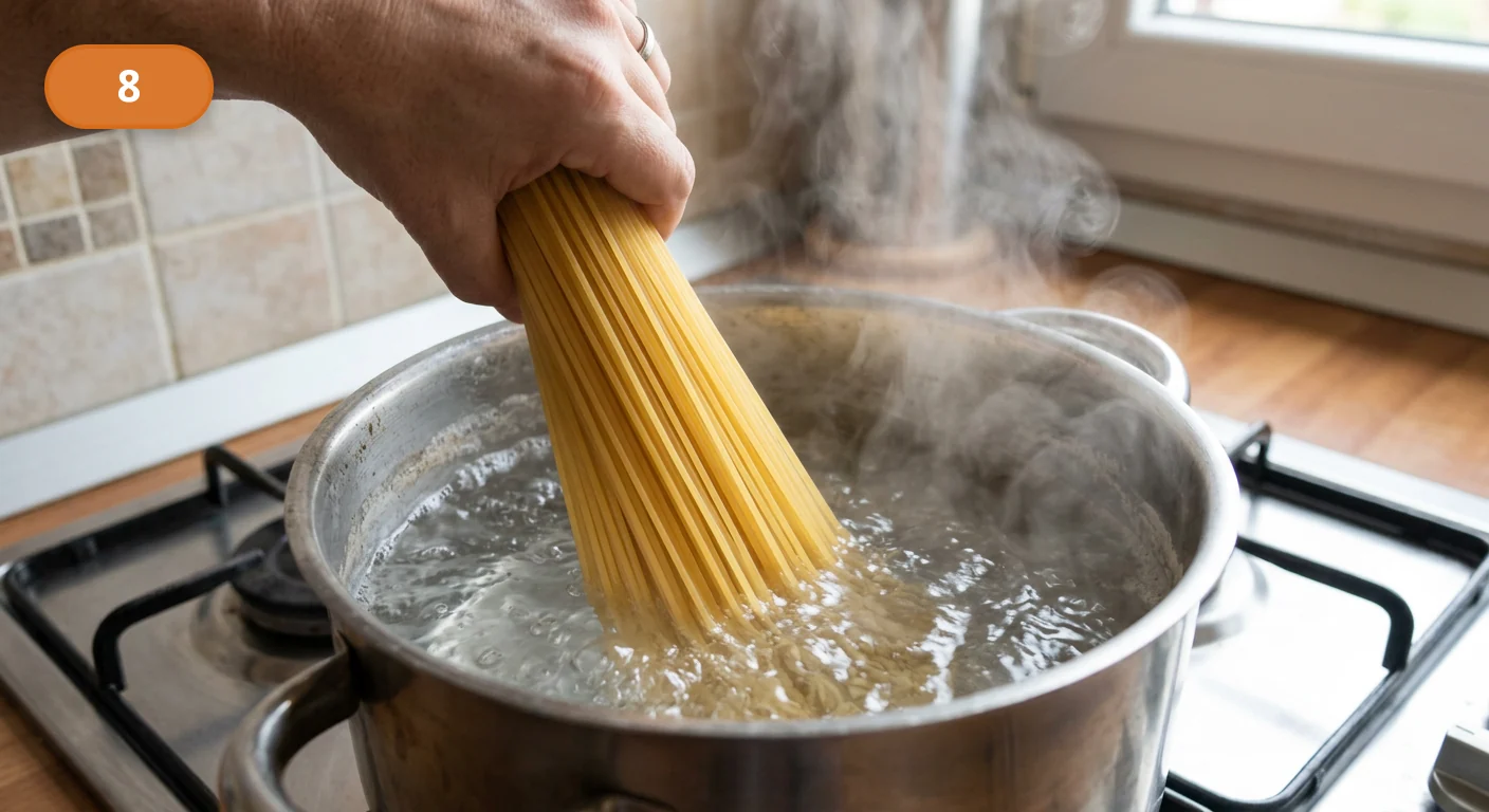 Спагетти с колбаской и песто | Фото подпункта 8 | Viva Cucina Спагетти с колбаской и песто: фото процесса приготовления — опустите спагетти в кипящую воду и варите до al dente