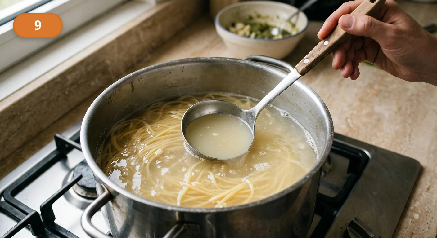 Спагетти с колбаской и песто | Фото подпункта 9 | Viva Cucina Спагетти с колбаской и песто: фото процесса приготовления — сохраните половник крахмалистой воды от пасты перед тем, как переносить спагетти в сковороду