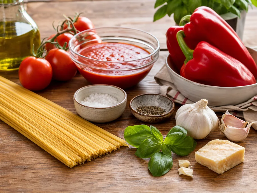 Спагетти с томатом и соусом из запечённых перцев | Фото подпункта 1 | Viva Cucina Спагетти с томатом и соусом из запечённых перцев: фото процесса приготовления — разложите Оливки без косточек и Цукини, соль, масло, специи и нужную посуду так, чтобы всё было под рукой до начала готовки