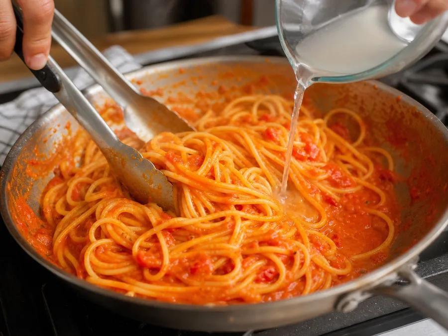Спагетти с томатом и соусом из запечённых перцев | Фото подпункта 11 | Viva Cucina Спагетти с томатом и соусом из запечённых перцев: фото процесса приготовления — добавляйте жидкость небольшими порциями, чтобы соус или крахмалистая основа обволакивали продукты