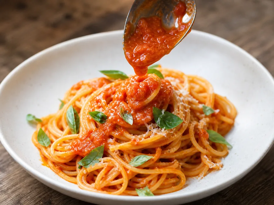 Спагетти с томатом и соусом из запечённых перцев | Фото подпункта 14 | Viva Cucina Спагетти с томатом и соусом из запечённых перцев: фото процесса приготовления — добавьте зелень, масло, сыр, лимон или специи только если они поддерживают основной вкус