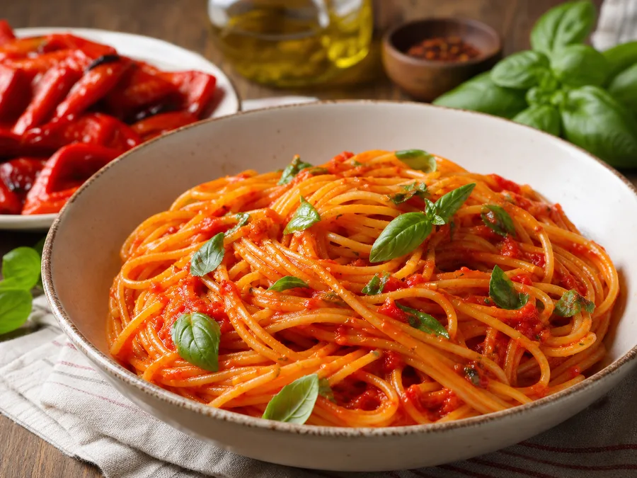 Спагетти с томатом и соусом из запечённых перцев | Фото подпункта 15 | Viva Cucina Спагетти с томатом и соусом из запечённых перцев: фото процесса приготовления — подавайте сразу или после короткого отдыха, когда блюдо выглядит собранным и аккуратным