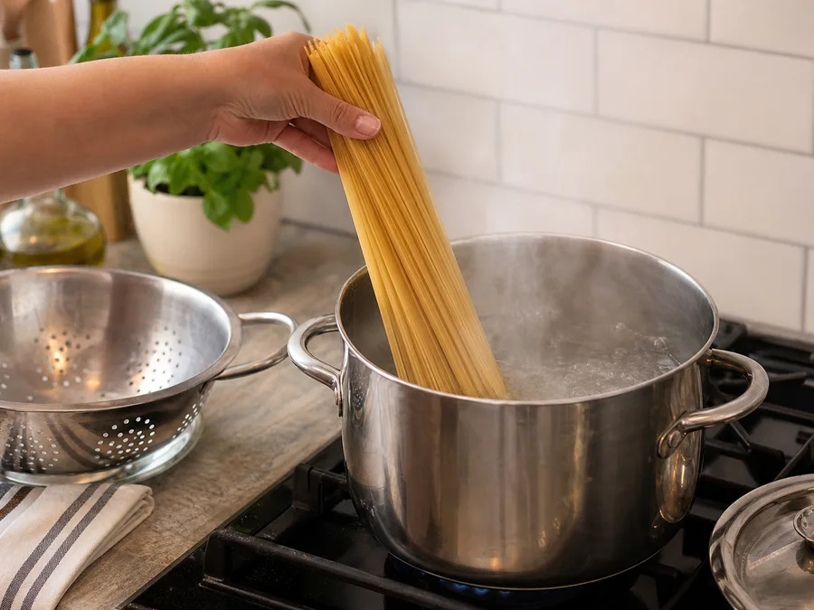 Спагетти с томатом и соусом из запечённых перцев | Фото подпункта 8 | Viva Cucina Спагетти с томатом и соусом из запечённых перцев: фото процесса приготовления — сохраните немного горячей воды от варки: крахмал поможет связать соус и сделать текстуру гладкой