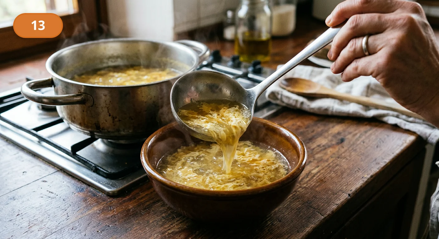 Страчателла (суп с яйцом) | Фото подпункта 13 | Viva Cucina Страчателла (суп с яйцом): фото процесса приготовления — разлейте горячую страчателлу по тёплым глубоким тарелкам