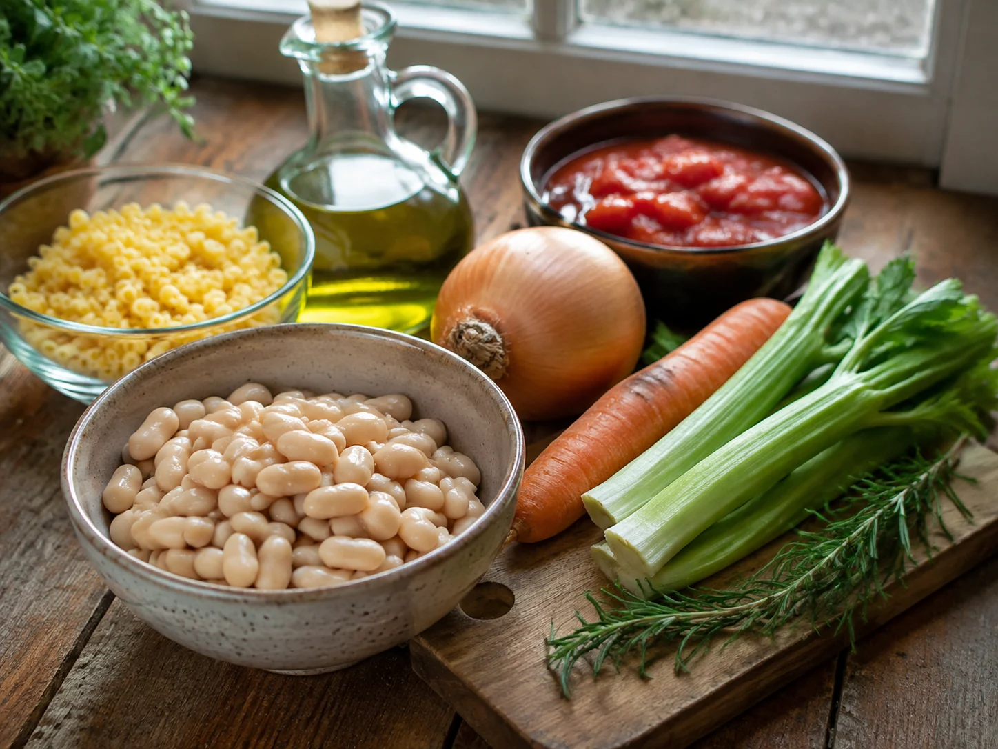 Суп с пастой и фасолью (Pasta e fagioli): фото процесса приготовления — разложите Вода или бульон, Лук репчатый, Морковь, Стебель сельдерея, соль, масло, специи и нужную посуду так, чтобы всё было под рукой до начала готовки