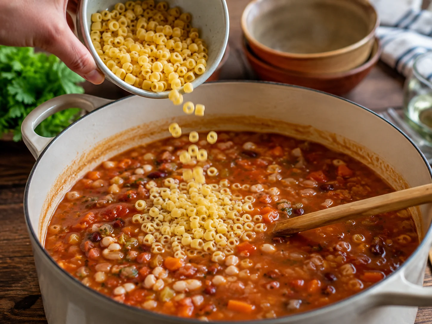 Суп с пастой и фасолью (Pasta e fagioli): фото процесса приготовления — следите, чтобы крупные кусочки сохранили форму, а соус или соки распределились равномерно