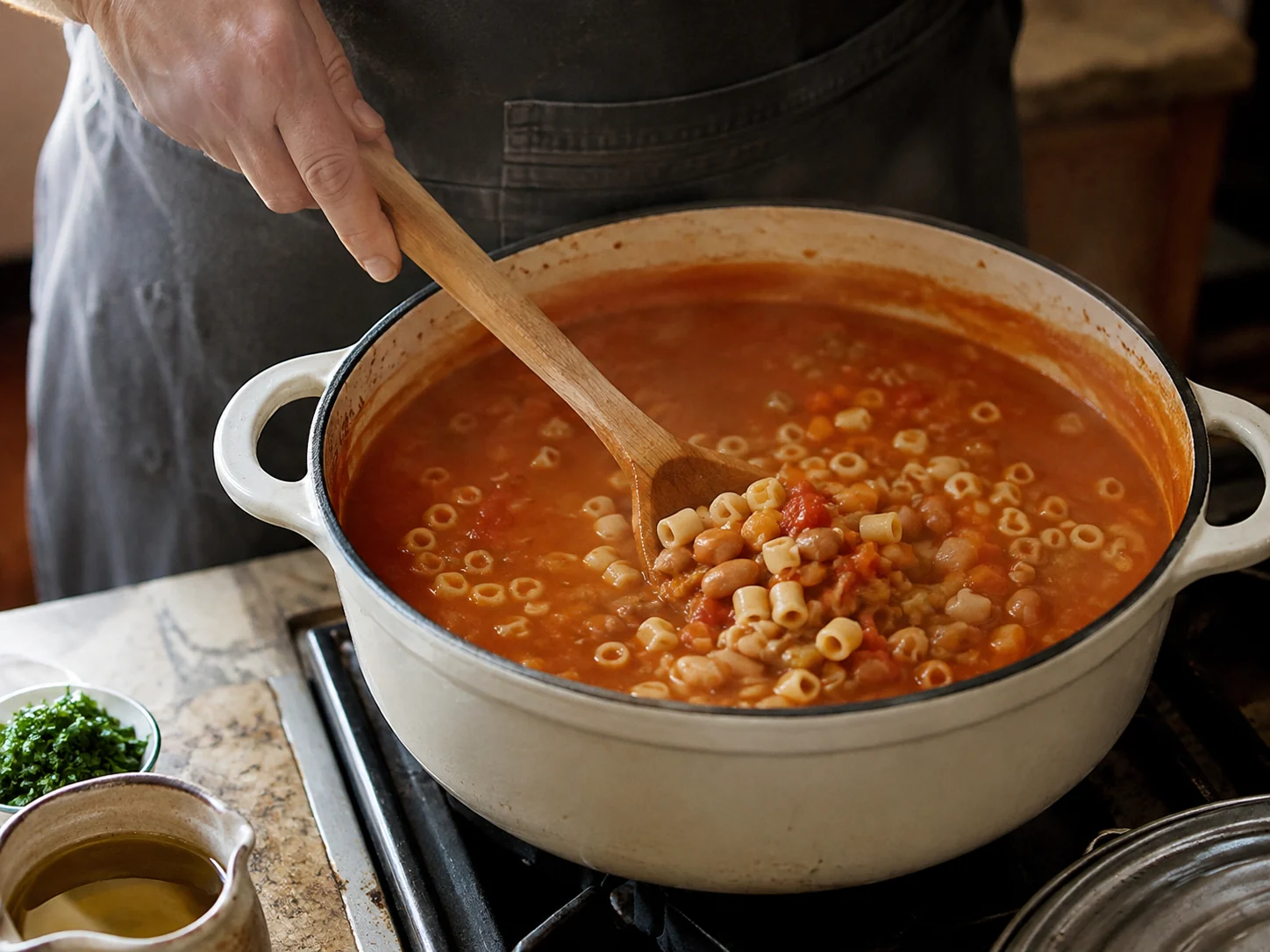 Суп с пастой и фасолью (Pasta e fagioli): фото процесса приготовления — перед финалом ещё раз проверьте баланс соли, влажности и температуры