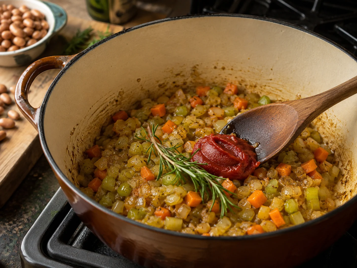 Суп с пастой и фасолью (Pasta e fagioli): фото процесса приготовления — следите за цветом, запахом и влажностью продуктов: на этом этапе формируется главный вкус