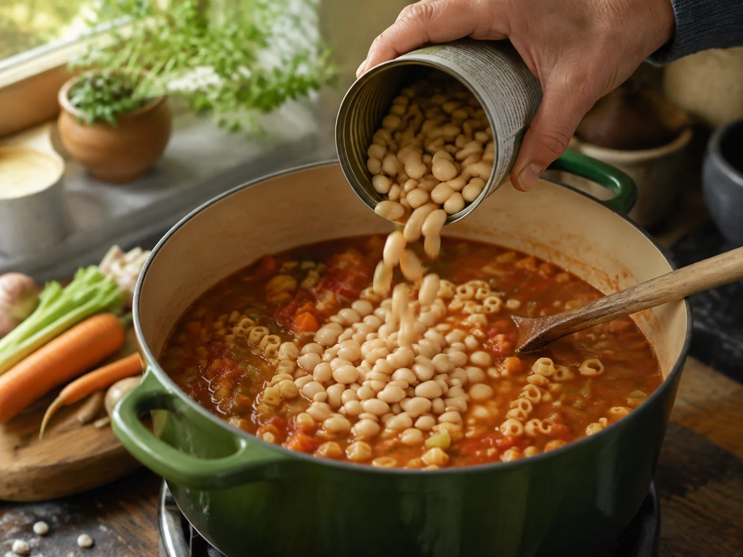 Суп с пастой и фасолью (Pasta e fagioli): фото процесса приготовления — остановитесь, когда основа стала выразительной, но ещё не потеряла сочность и чистую текстуру
