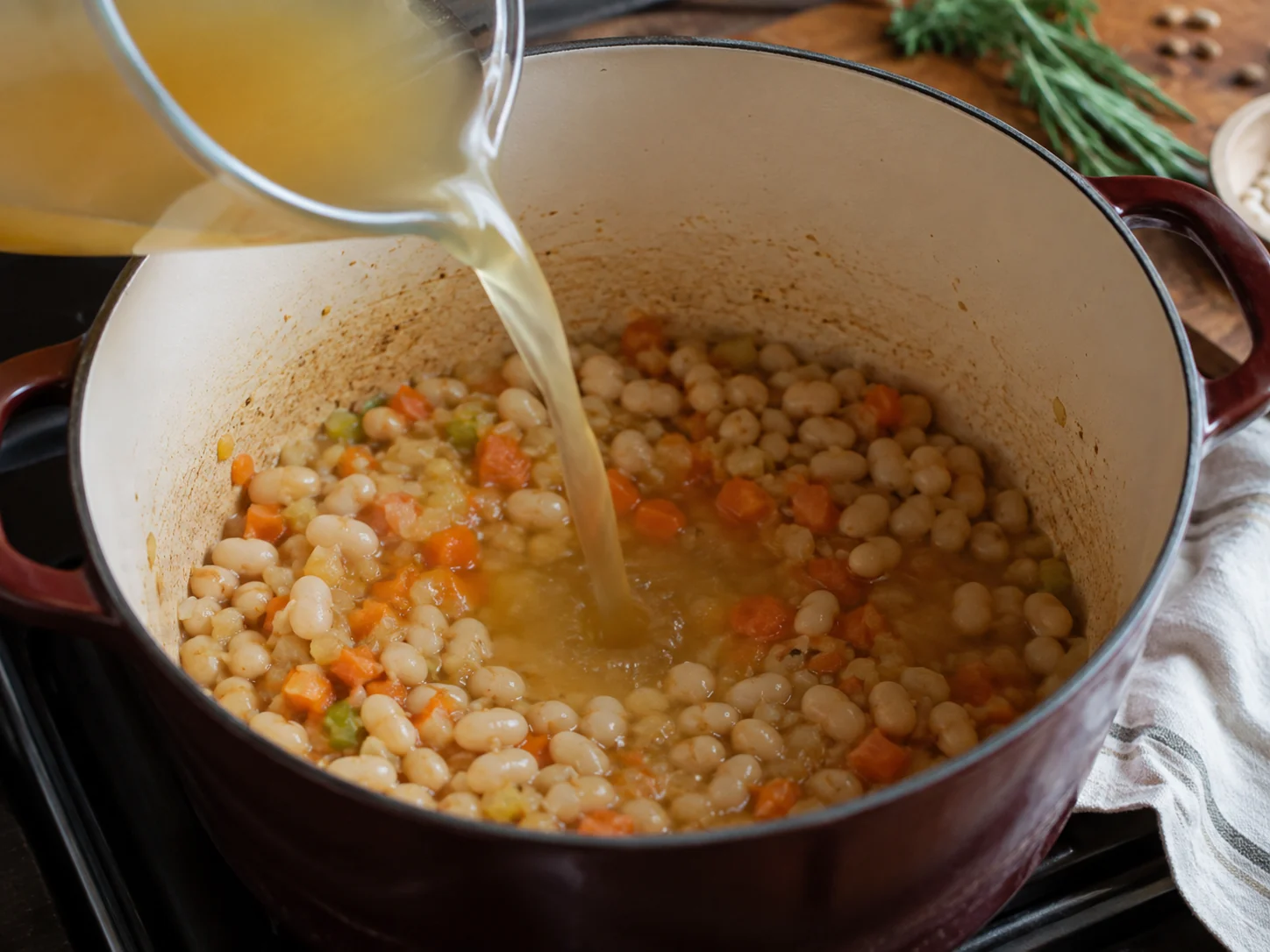 Суп с пастой и фасолью (Pasta e fagioli): фото процесса приготовления — соедините базовые ингредиенты и доведите смесь до спокойного кипения или ровного прогрева