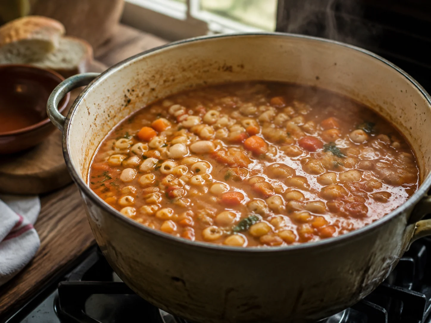 Суп с пастой и фасолью (Pasta e fagioli): фото процесса приготовления — помешивайте и контролируйте густоту, чтобы вкус концентрировался без пригорания