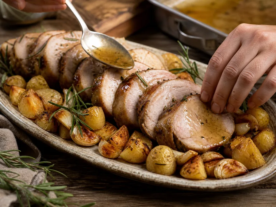 Свиная корейка с розмарином | Фото подпункта 14 | Viva Cucina Свиная корейка с розмарином: фото процесса приготовления — полейте блюдо соусом или соками из посуды, чтобы поверхность оставалась сочной