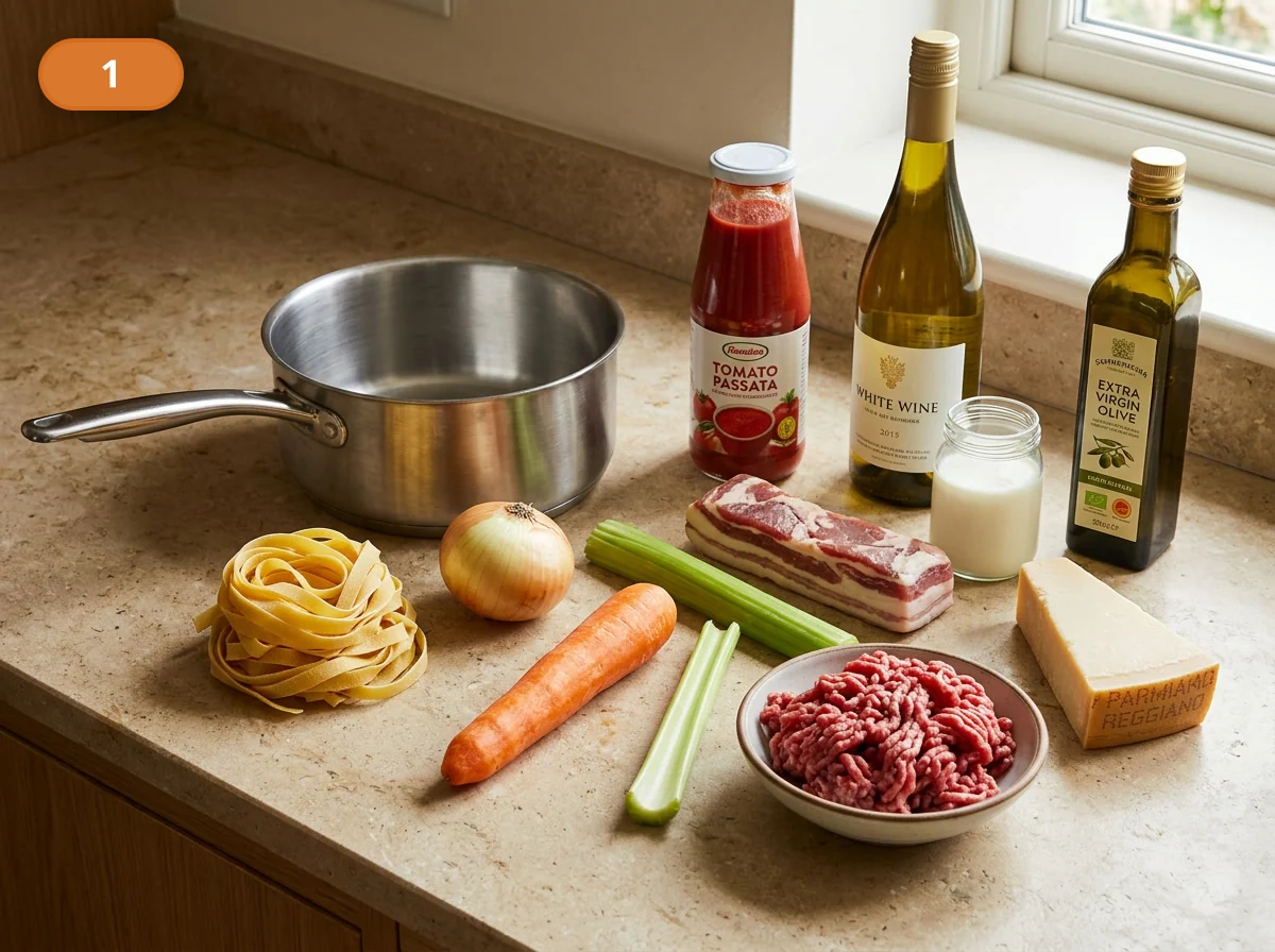 Тальятелле болоньезе: фото процесса приготовления — разложите рядом тальятелле, лук, морковь, сельдерей, панчетту, фарш, пассату, белое вино, молоко и пармезан, чтобы весь путь соуса был подготовлен заранее
