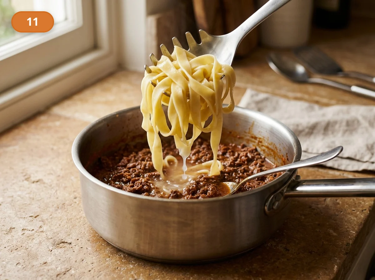 Тальятелле болоньезе: фото процесса приготовления — переложите пасту прямо в рагу и добавьте немного воды от варки, чтобы соус мягче распределился по лентам