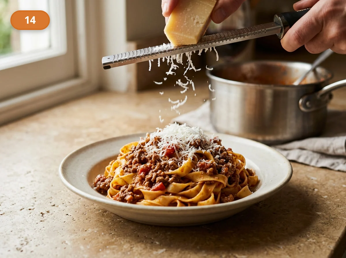 Тальятелле болоньезе: фото процесса приготовления — посыпьте пасту свеженатёртым пармезаном, оставляя рагу и текстуру пасты всё ещё хорошо видимыми