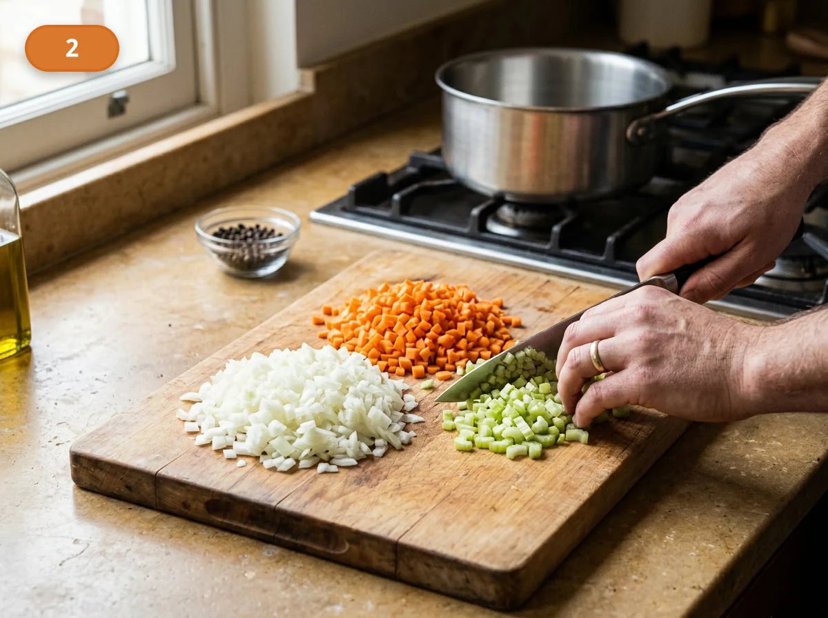 Тальятелле болоньезе: фото процесса приготовления — очень мелко нарежьте лук, морковь и сельдерей, добиваясь ровной soffritto-основы, которая потом почти растворится в рагу
