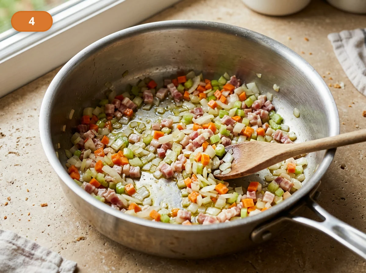 Тальятелле болоньезе: фото процесса приготовления — прогрейте панчетту в масле, затем добавьте лук, морковь и сельдерей и доведите их до мягкости без сильного подрумянивания