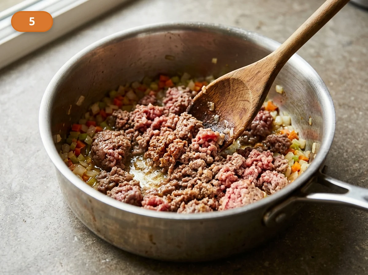 Тальятелле болоньезе: фото процесса приготовления — всыпьте фарш и разбивайте его лопаткой на мелкие кусочки, пока мясо не потеряет сырой цвет и не начнёт слегка подрумяниваться