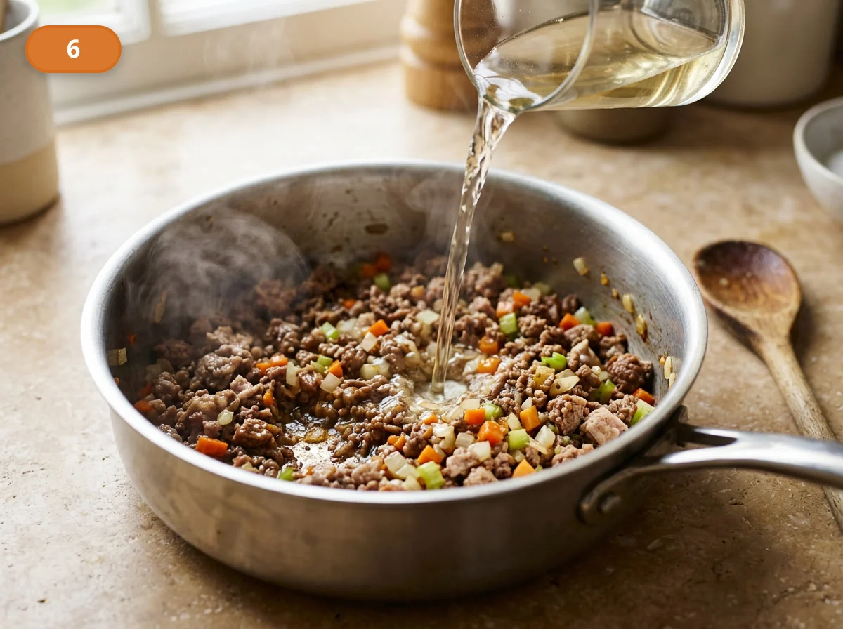 Тальятелле болоньезе: фото процесса приготовления — влейте белое вино и дайте ему почти полностью выпариться, чтобы в сотейнике остался чистый мясной аромат без резкой спиртовой ноты