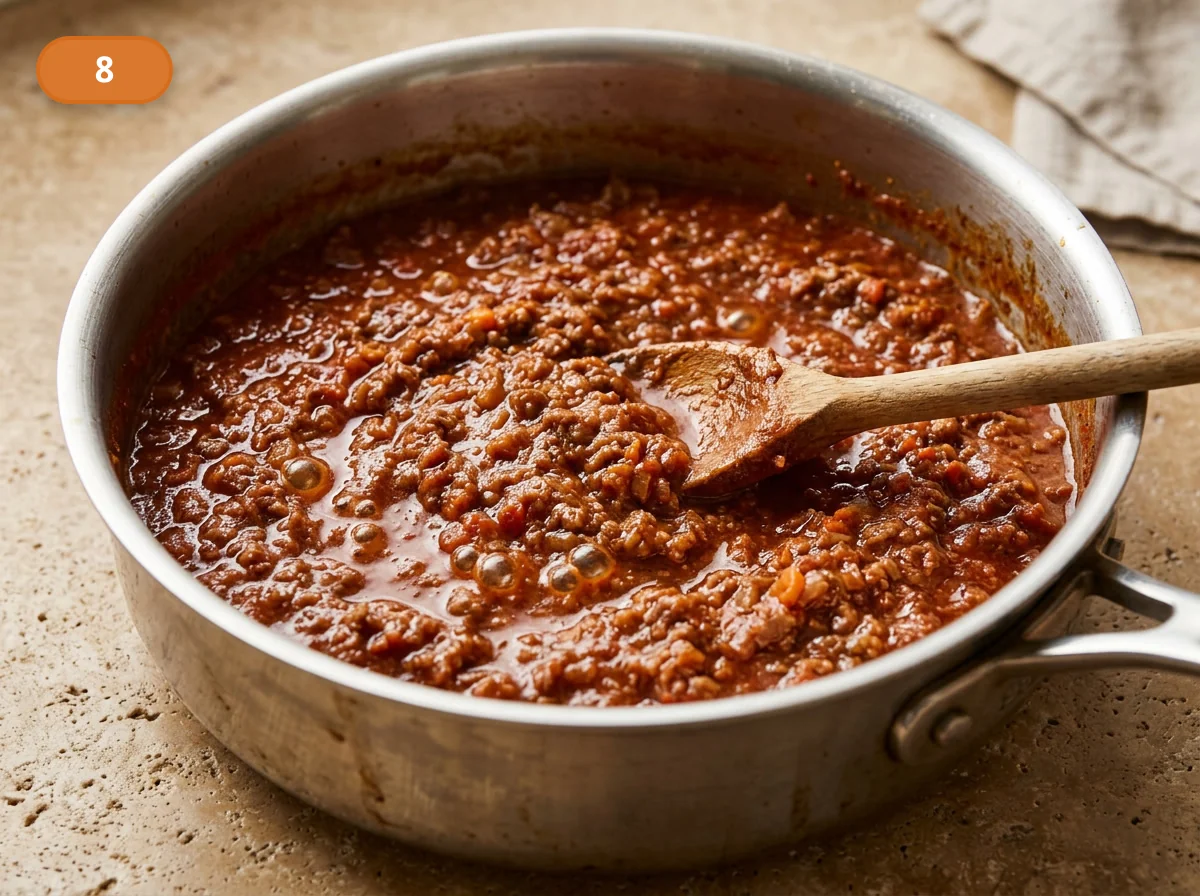 Тальятелле болоньезе: фото процесса приготовления — периодически перемешивайте соус, следя, чтобы он становился плотнее, а жир и томат уже не отделялись друг от друга