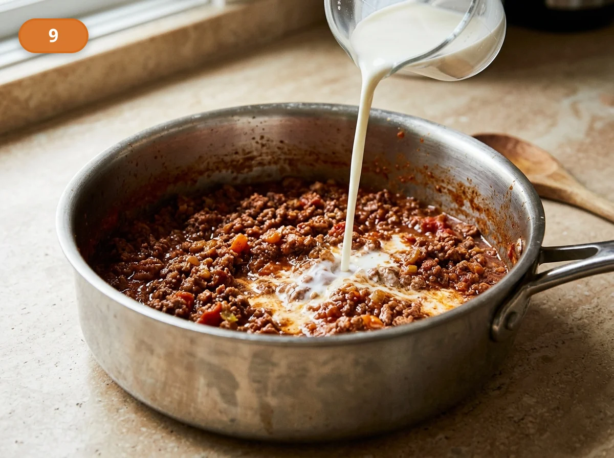 Тальятелле болоньезе: фото процесса приготовления — в конце влейте молоко, доведите рагу до мягкой бархатистой консистенции и только теперь окончательно проверьте соль и перец