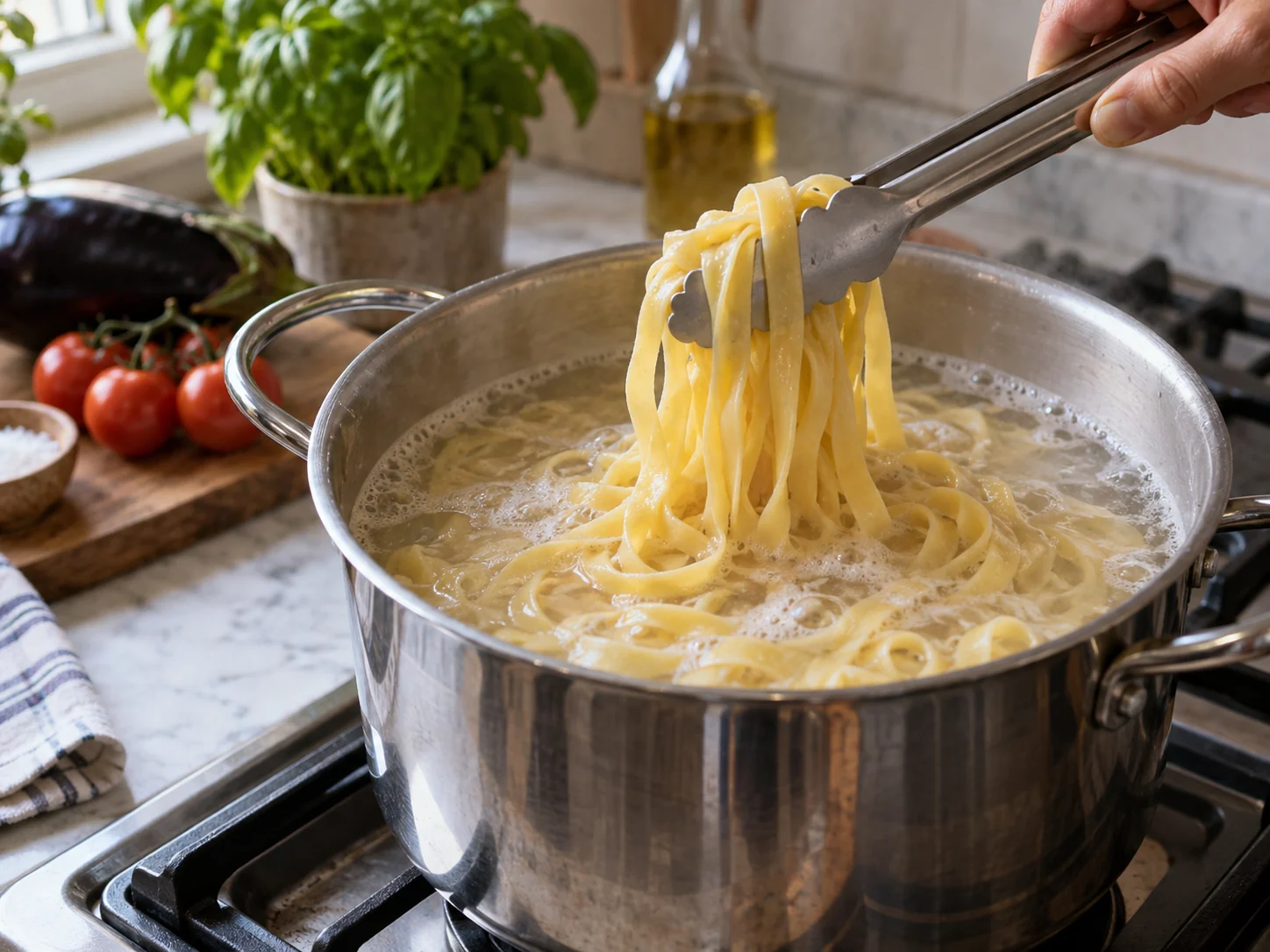 Тальятелле с баклажаном и томатно-базиликовым соусом | Фото подпункта 12 | Viva Cucina Тальятелле с баклажаном и томатно-базиликовым соусом: фото процесса приготовления — доведите блюдо до единой сочной текстуры, не перегревая нежные ингредиенты