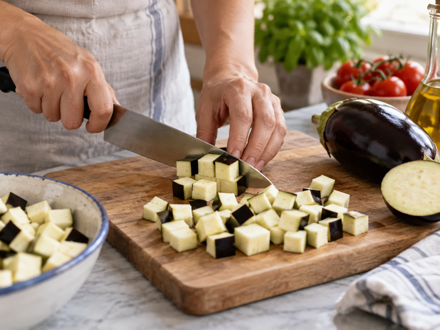 Тальятелле с баклажаном и томатно-базиликовым соусом | Фото подпункта 2 | Viva Cucina Тальятелле с баклажаном и томатно-базиликовым соусом: фото процесса приготовления — проверьте свежесть и состояние основных продуктов: уберите лишнюю влагу, грубые части и всё, что может испортить текстуру