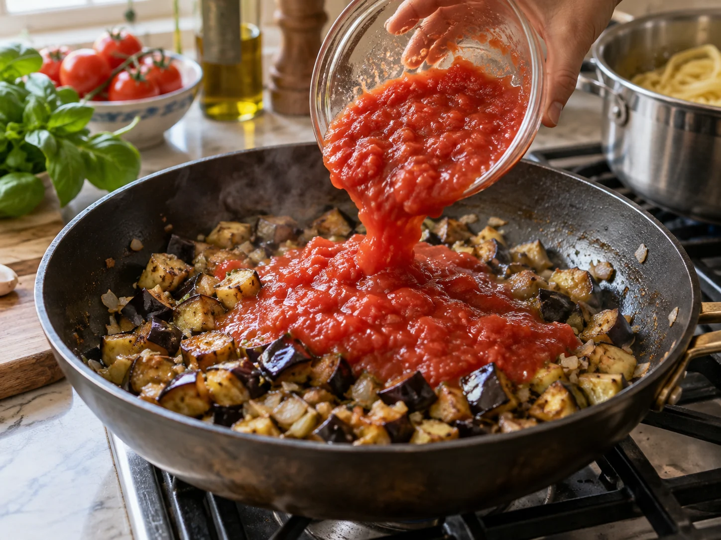 Тальятелле с баклажаном и томатно-базиликовым соусом | Фото подпункта 8 | Viva Cucina Тальятелле с баклажаном и томатно-базиликовым соусом: фото процесса приготовления — сохраните немного горячей воды от варки: крахмал поможет связать соус и сделать текстуру гладкой
