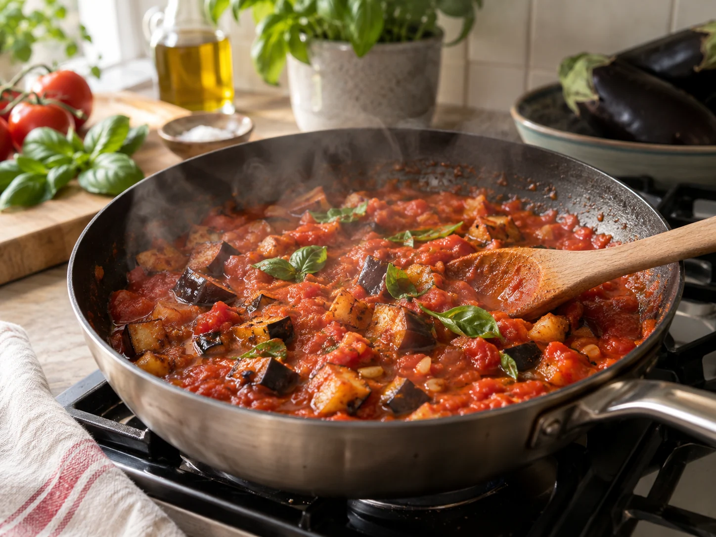 Тальятелле с баклажаном и томатно-базиликовым соусом | Фото подпункта 9 | Viva Cucina Тальятелле с баклажаном и томатно-базиликовым соусом: фото процесса приготовления — проверьте, что соус не слишком густой и не водянистый перед соединением с пастой