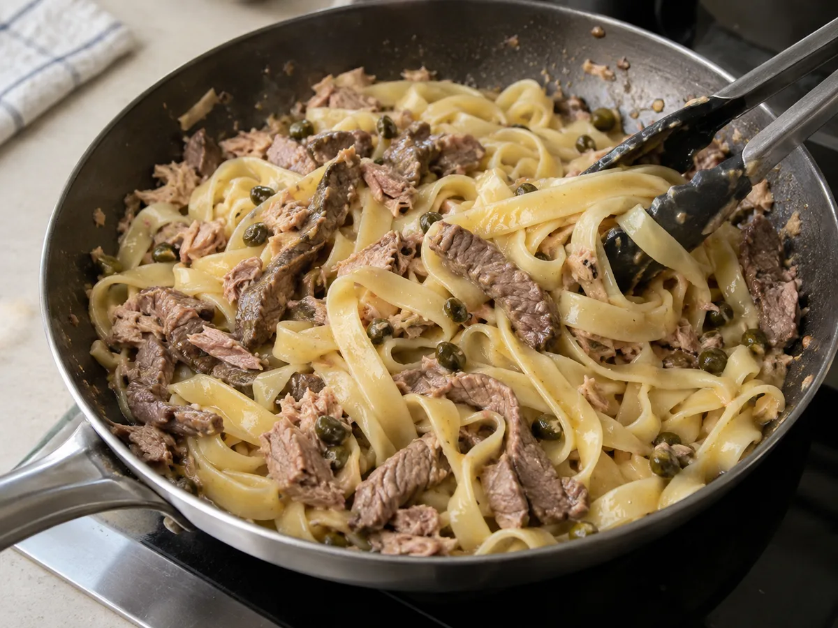 Тальятелле с говядиной, тунцом и каперсами | Фото подпункта 13 | Viva Cucina Тальятелле с говядиной, тунцом и каперсами: фото процесса приготовления — добавьте тальятелле и ломтики говядины с выделившимся соком; осторожно перемешайте