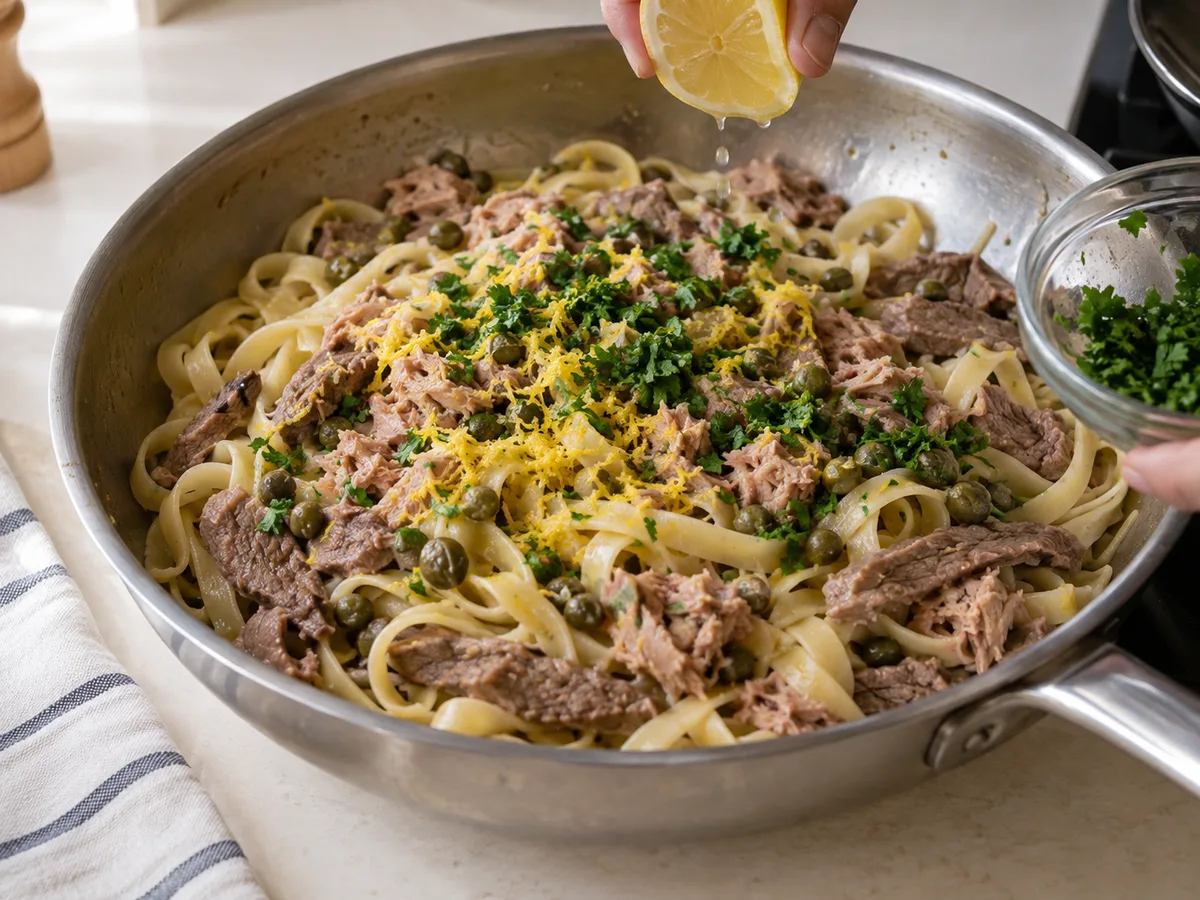 Тальятелле с говядиной, тунцом и каперсами | Фото подпункта 14 | Viva Cucina Тальятелле с говядиной, тунцом и каперсами: фото процесса приготовления — снимите с огня, добавьте лимонный сок, цедру и петрушку; попробуйте на соль
