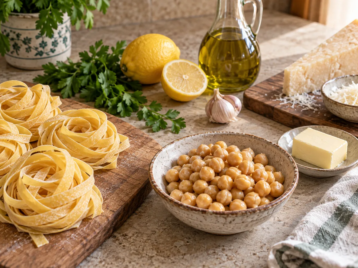 Тальятелле с нутом и соусом лимон-чеснок | Фото подпункта 1 | Viva Cucina Тальятелле с нутом и соусом лимон-чеснок: фото процесса приготовления — отмерьте тальятелле, нут, лимон, чеснок и остальные продукты