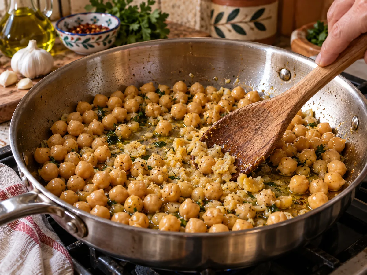 Тальятелле с нутом и соусом лимон-чеснок | Фото подпункта 10 | Viva Cucina Тальятелле с нутом и соусом лимон-чеснок: фото процесса приготовления — слегка разомните часть нута