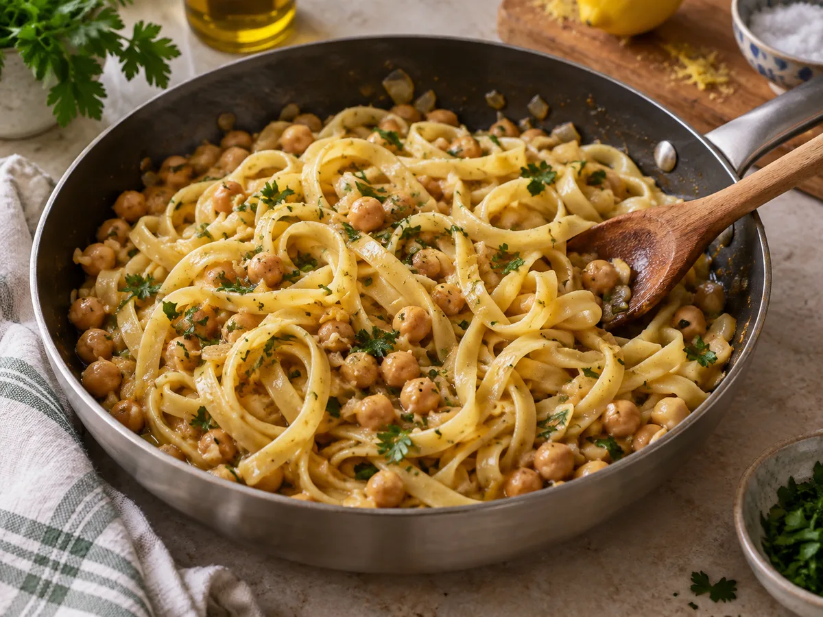 Тальятелле с нутом и соусом лимон-чеснок | Фото подпункта 12 | Viva Cucina Тальятелле с нутом и соусом лимон-чеснок: фото процесса приготовления — добавьте тальятелле в сковороду