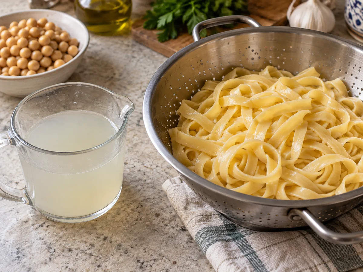 Тальятелле с нутом и соусом лимон-чеснок | Фото подпункта 7 | Viva Cucina Тальятелле с нутом и соусом лимон-чеснок: фото процесса приготовления — сохраните чашку воды и откиньте пасту
