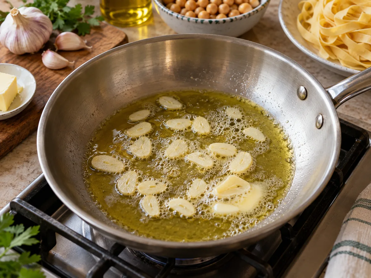 Тальятелле с нутом и соусом лимон-чеснок | Фото подпункта 8 | Viva Cucina Тальятелле с нутом и соусом лимон-чеснок: фото процесса приготовления — мягко прогрейте чеснок в оливковом и сливочном масле